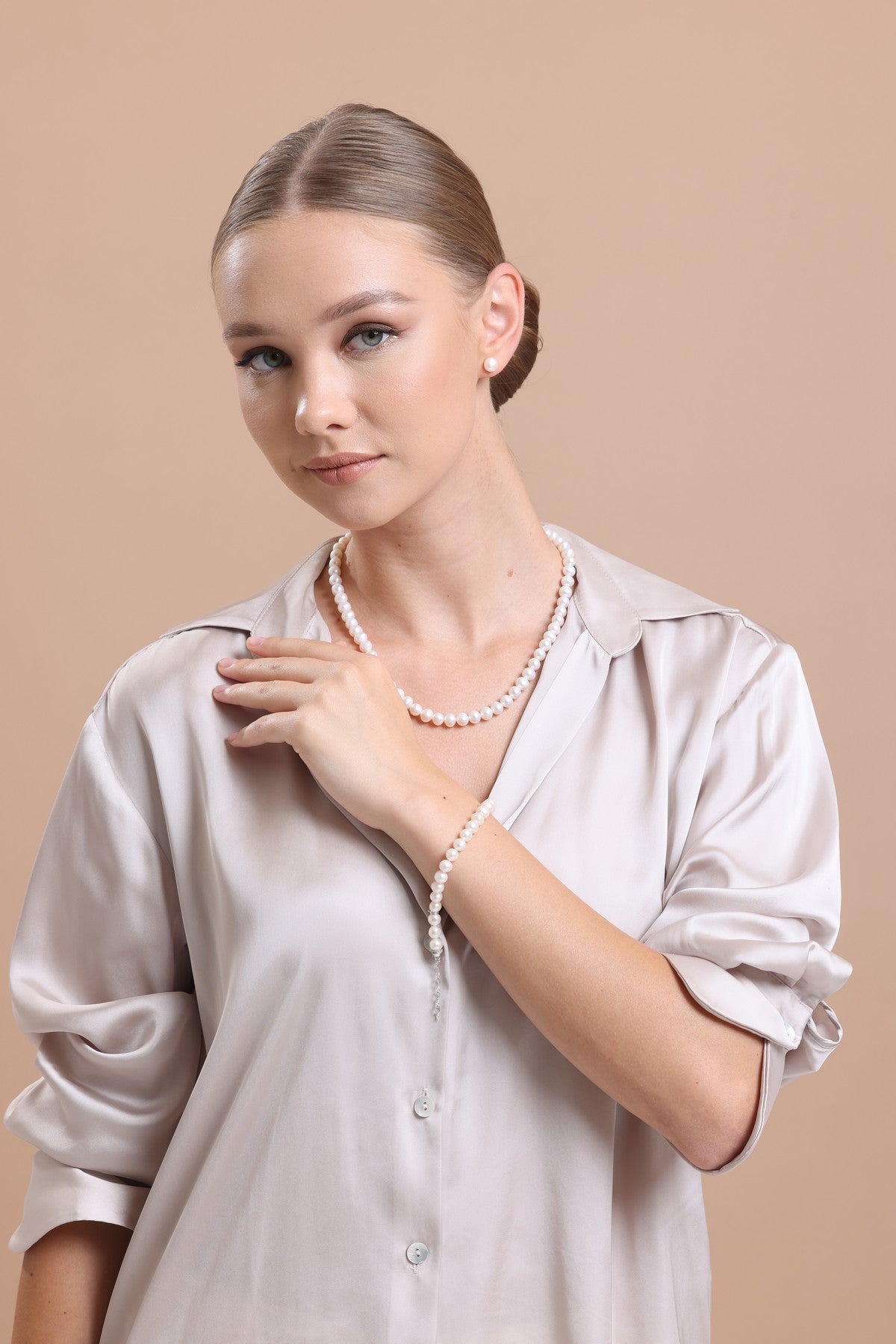 Sıralı Doğal İnci Küpe Kolye Bileklik Üçlü Set