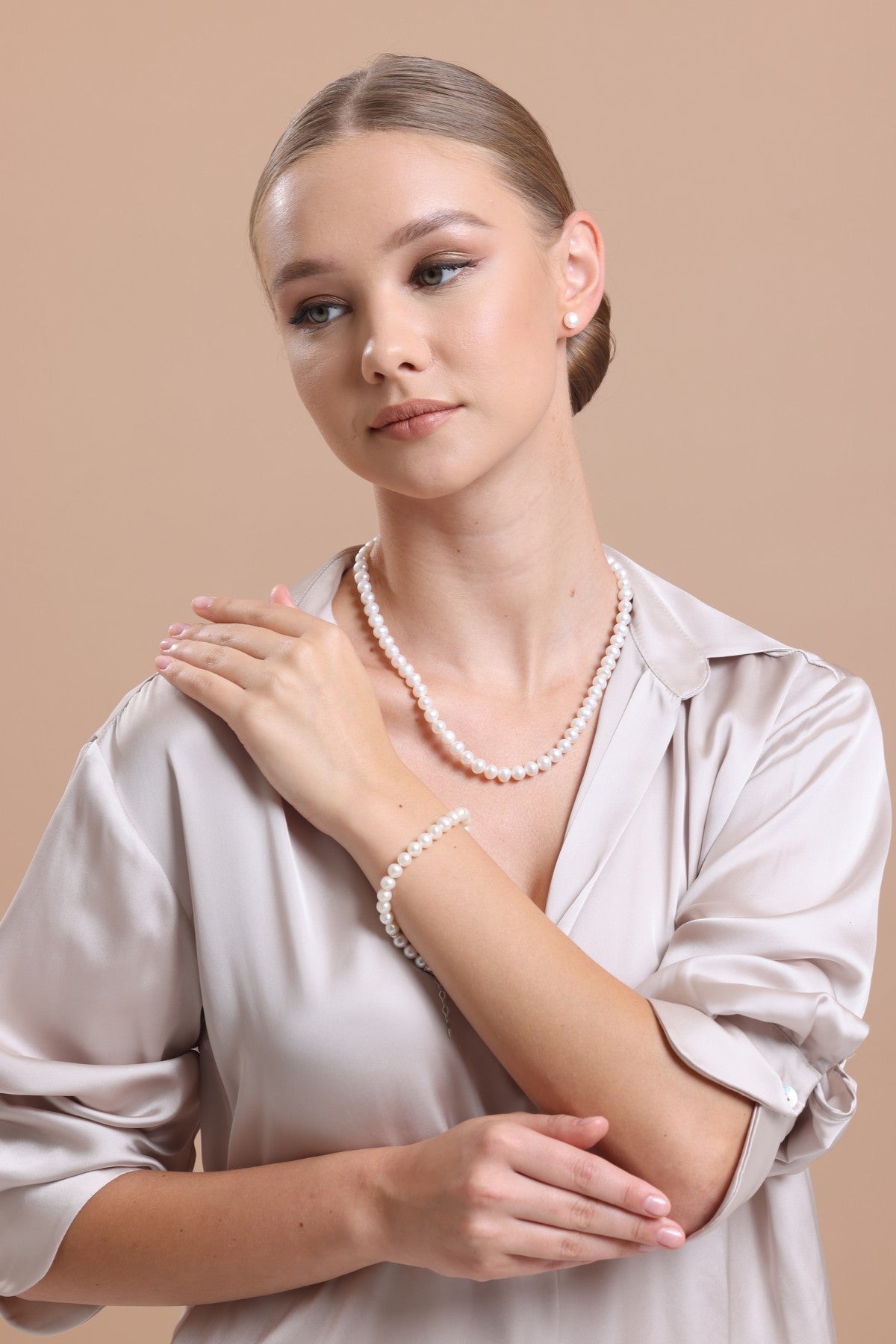 Sıralı Doğal İnci Küpe Kolye Bileklik Üçlü Set