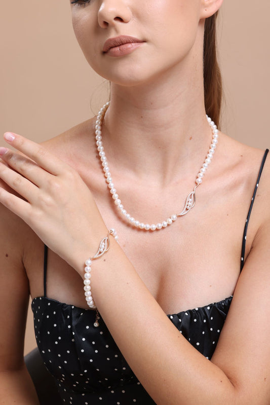 Yaprak Taşlı Doğal İnci Kolye Bileklik İkili Set