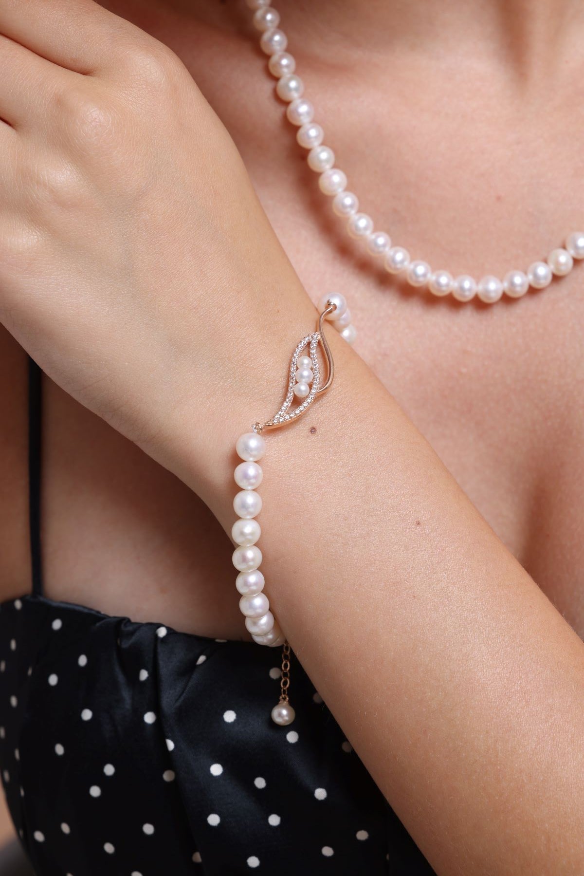 Yaprak Taşlı Doğal İnci Kolye Bileklik İkili Set