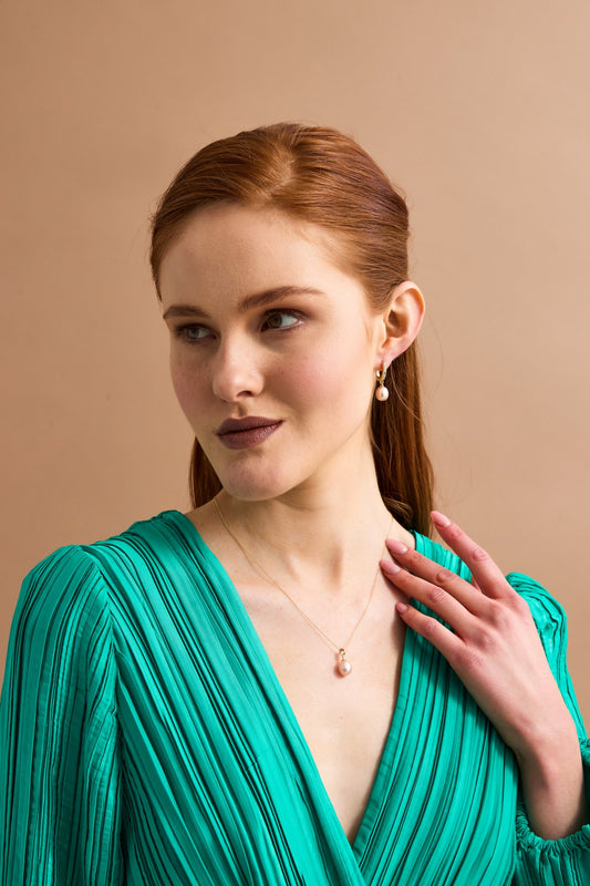 Pembe Damla Doğal İnci Kolye Küpe İkili Set