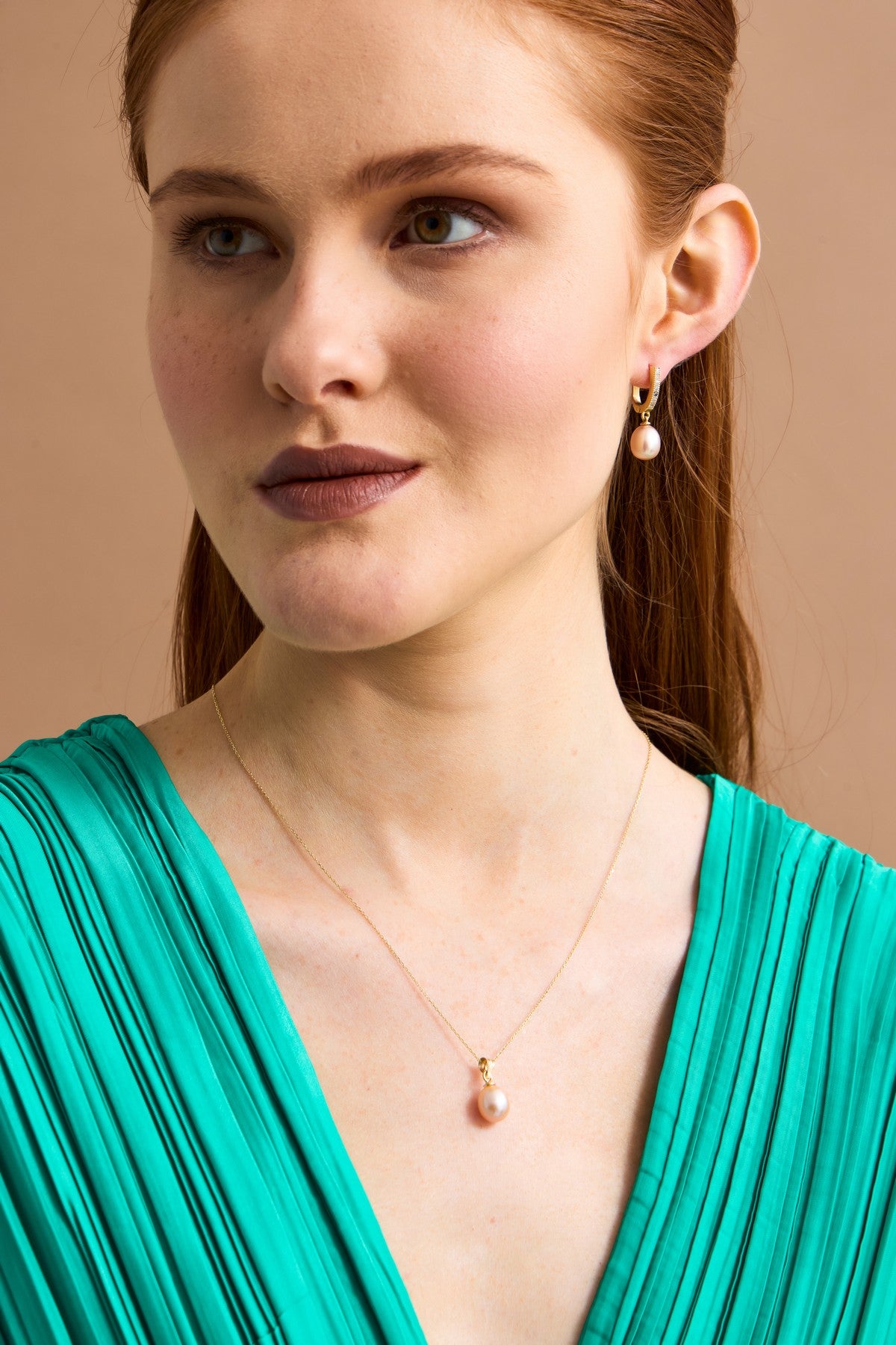 Pembe Damla Doğal İnci Kolye Küpe İkili Set