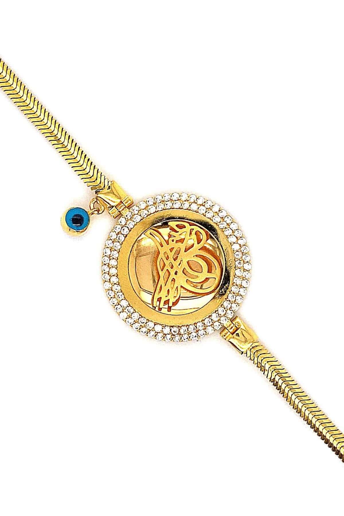 14 Ayar Altın Çift Sıra Zirkon Taşlı Tuğralı Kadın Bileklik