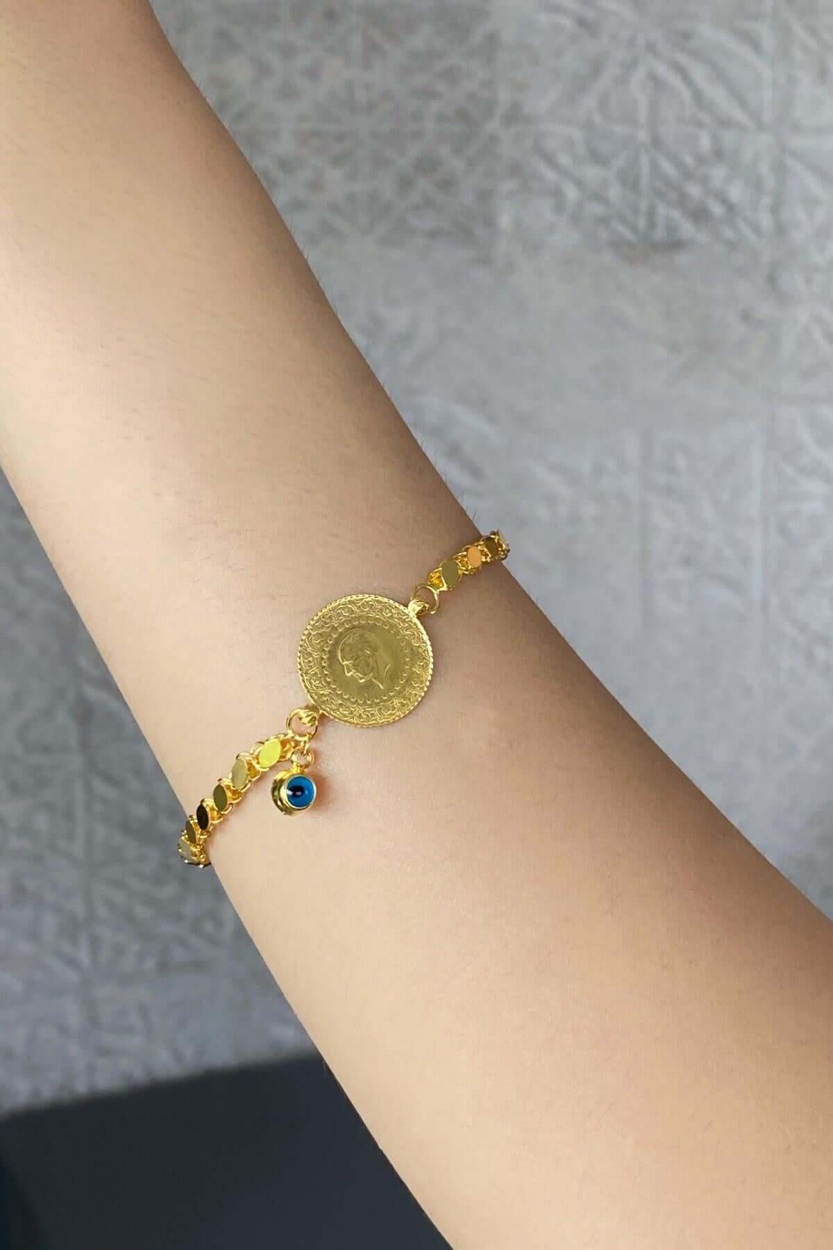 14 Ayar Altın Pul Zincirli Çeyrek Altınlı Bileklik