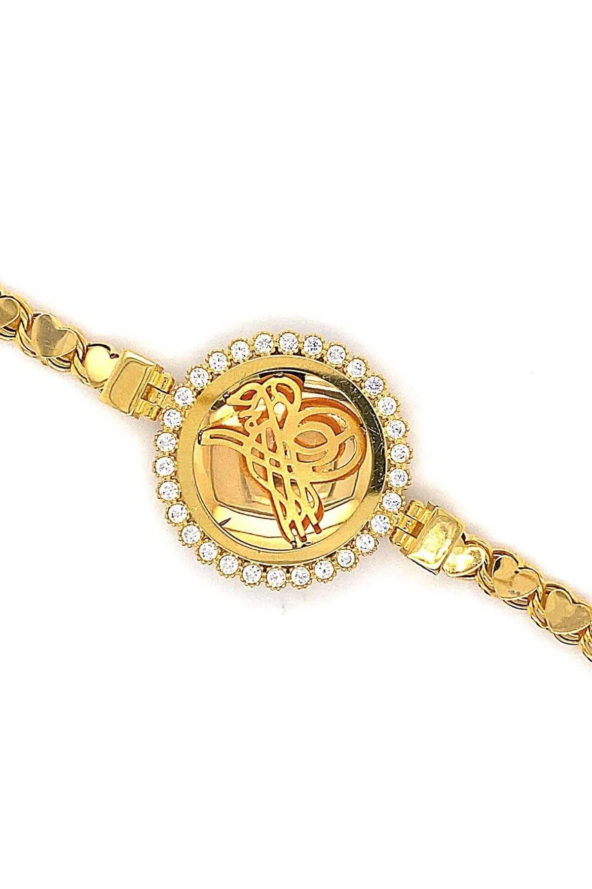 14 Ayar Altın Zirkon Taşlı Tuğralı Kadın Bileklik