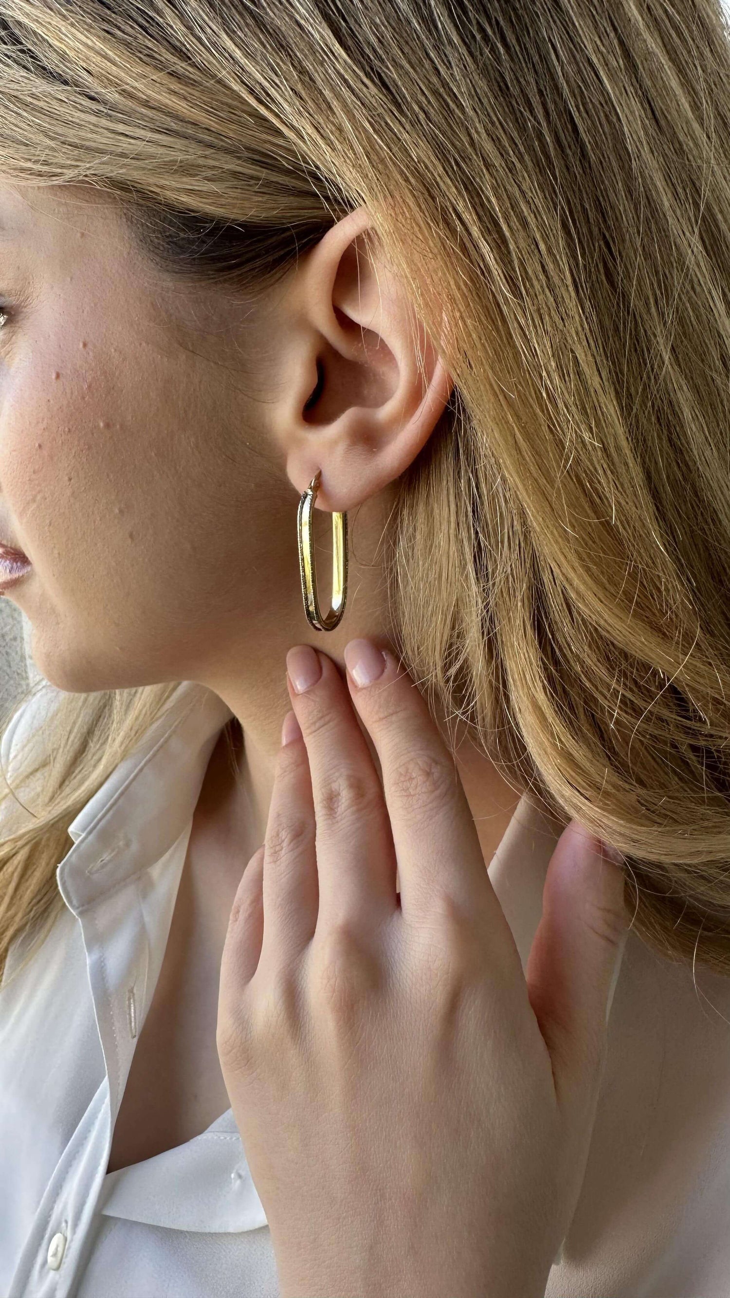 14 Ayar Altın Kadın 3 cm Oval Uzun Halka Küpe