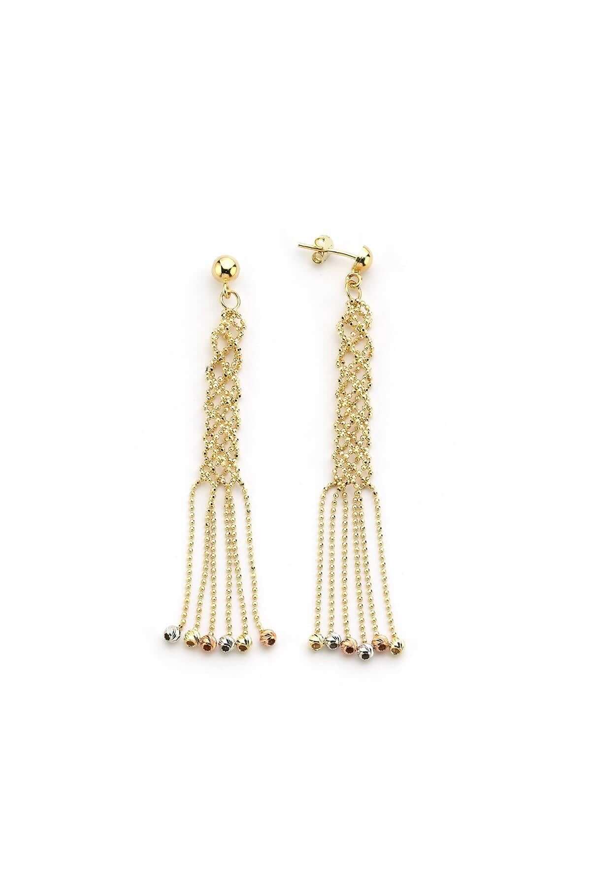 14 Ayar Altın Örgü Modeli Dorika Top Püskül Detaylı Küpe