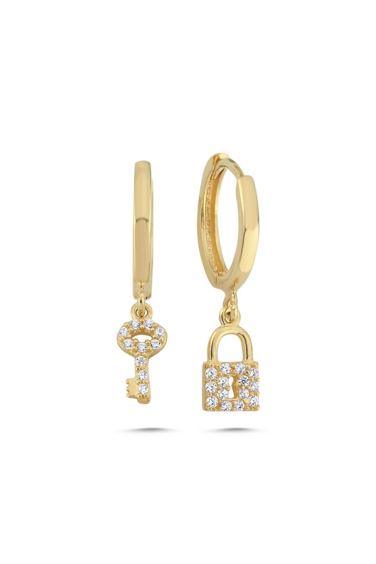 14 Ayar Altın Erkek 2 cm Anahtar Kilit Modelli Halka Küpe