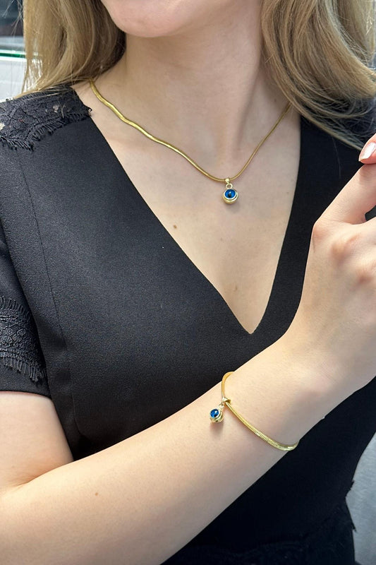 14 Ayar Altın Balık Sırtı Nazar Boncuklu 3 mm Kolye Bileklik İkili Set