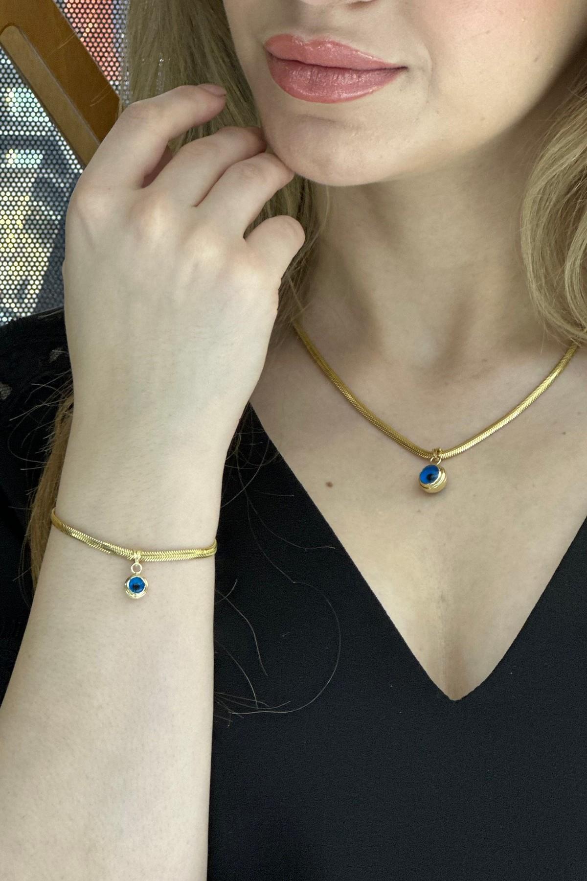 14 Ayar Altın Balık Sırtı Nazar Boncuklu 3 mm Kolye Bileklik İkili Set