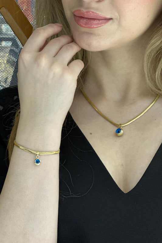 14 Ayar Altın Balık Sırtı Nazar Boncuklu 3 mm Kolye Bileklik İkili Set