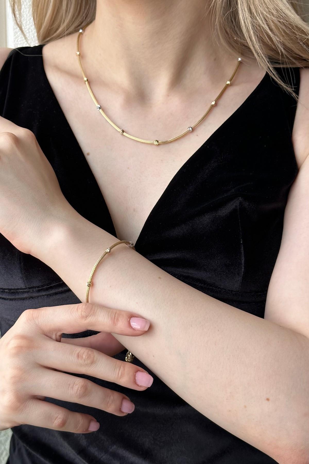 14 Ayar Altın Dorika Taşlı Halat Kolye Bileklik İkili Set