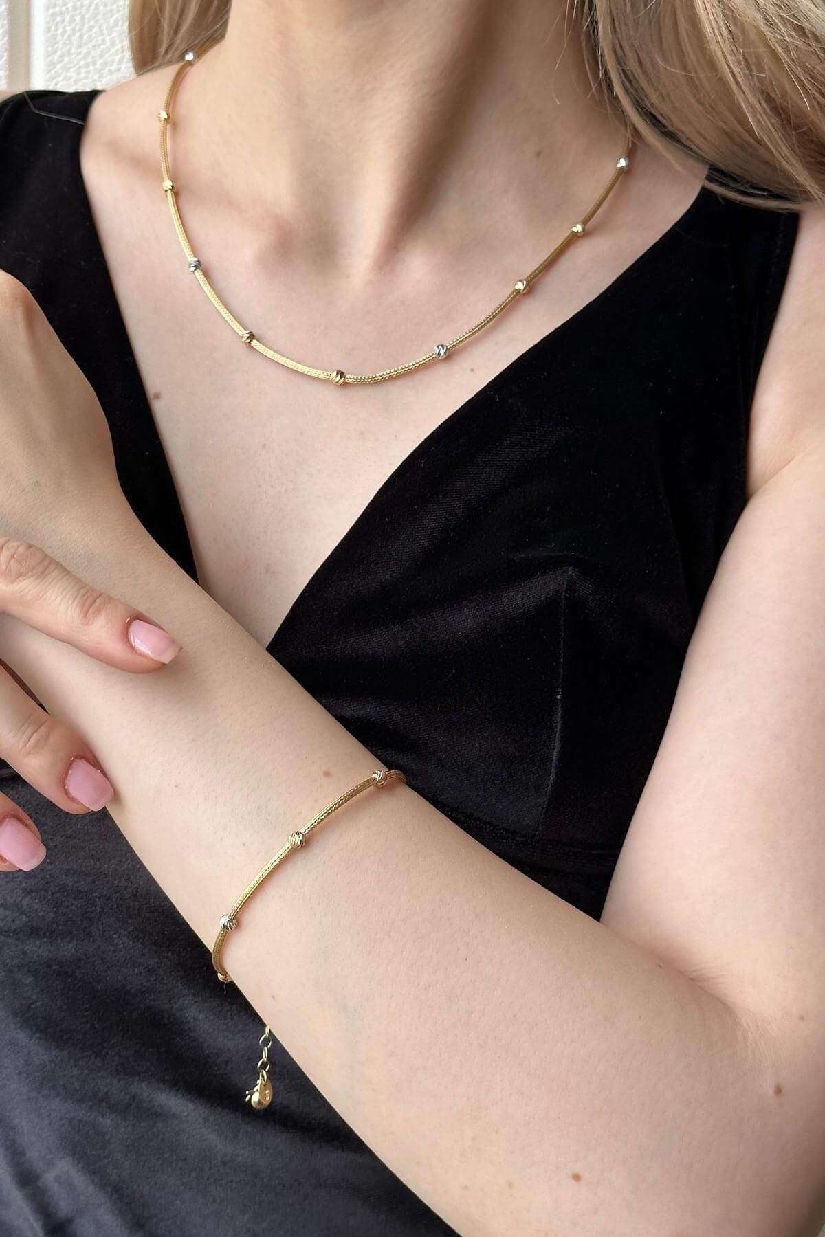 14 Ayar Altın Dorika Taşlı Halat Kolye Bileklik İkili Set