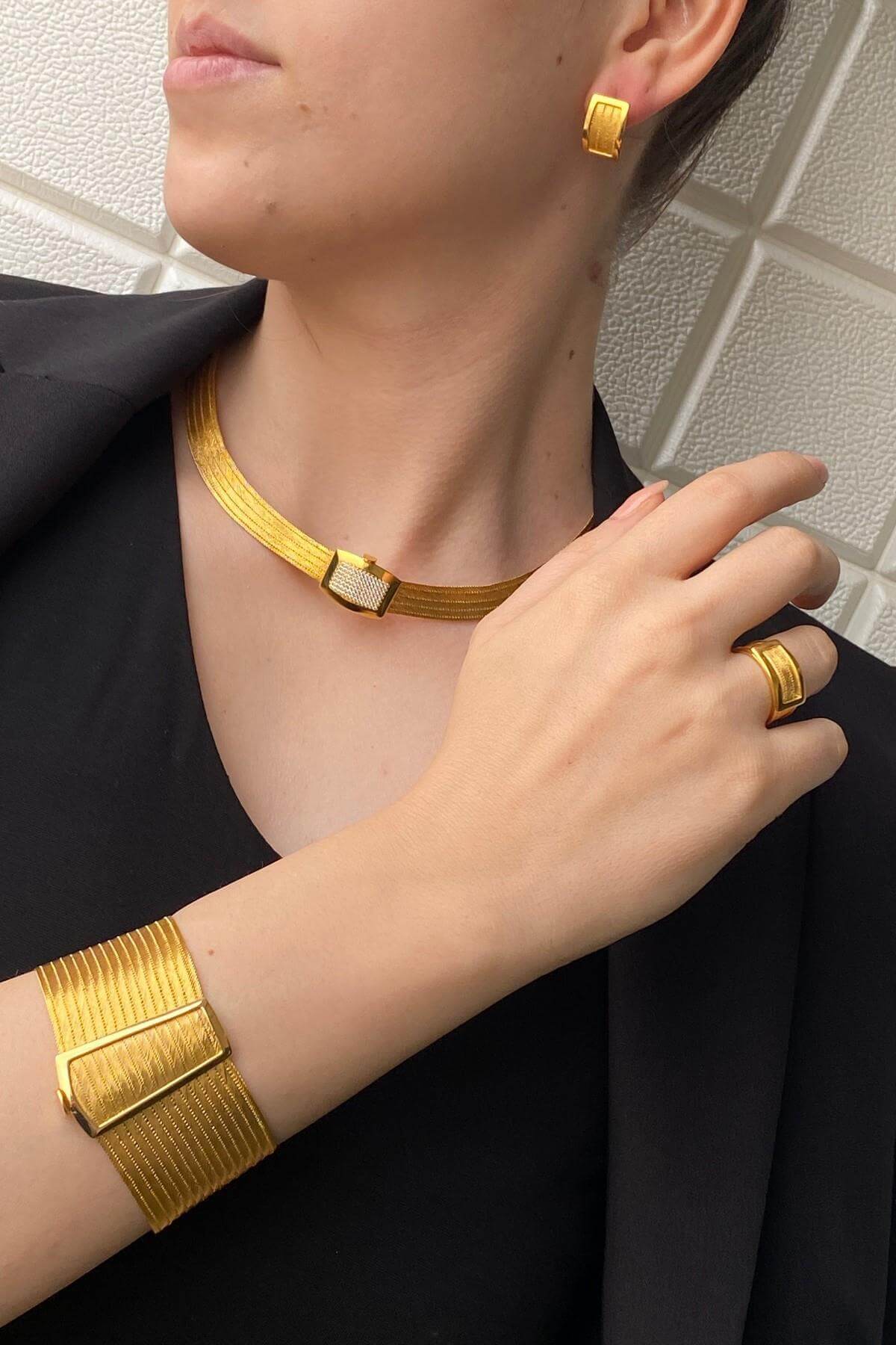 14 Ayar Altın Kadın Trabzon Hasır Küpe Kolye Bileklik Yüzük Dörtlü Set