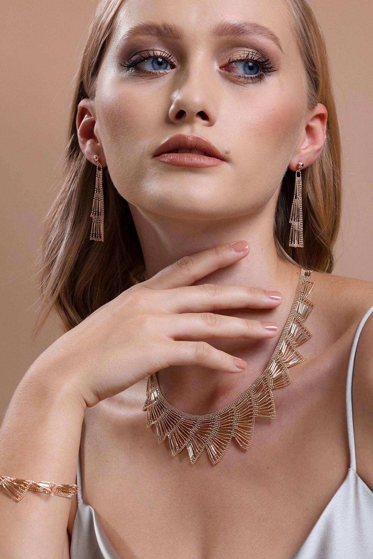 14 Ayar Altın Yelpaze Modeli Küpe Kolye Bileklik Üçlü Set