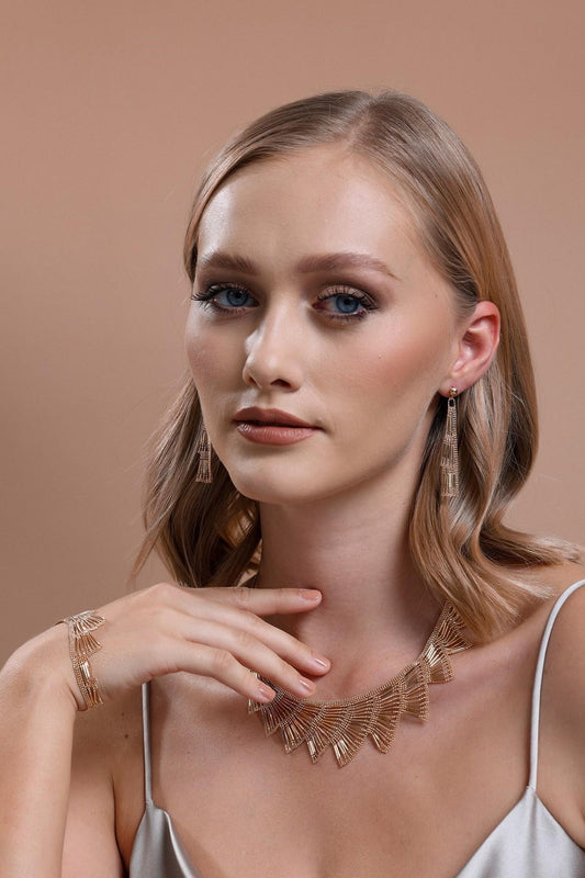 14 Ayar Altın Yelpaze Modeli Küpe Kolye Bileklik Üçlü Set