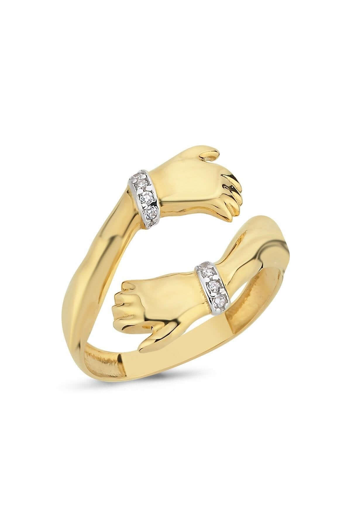 14 Ayar Altın Zirkon Taşlı Sarılan Eller Modeli Yüzük