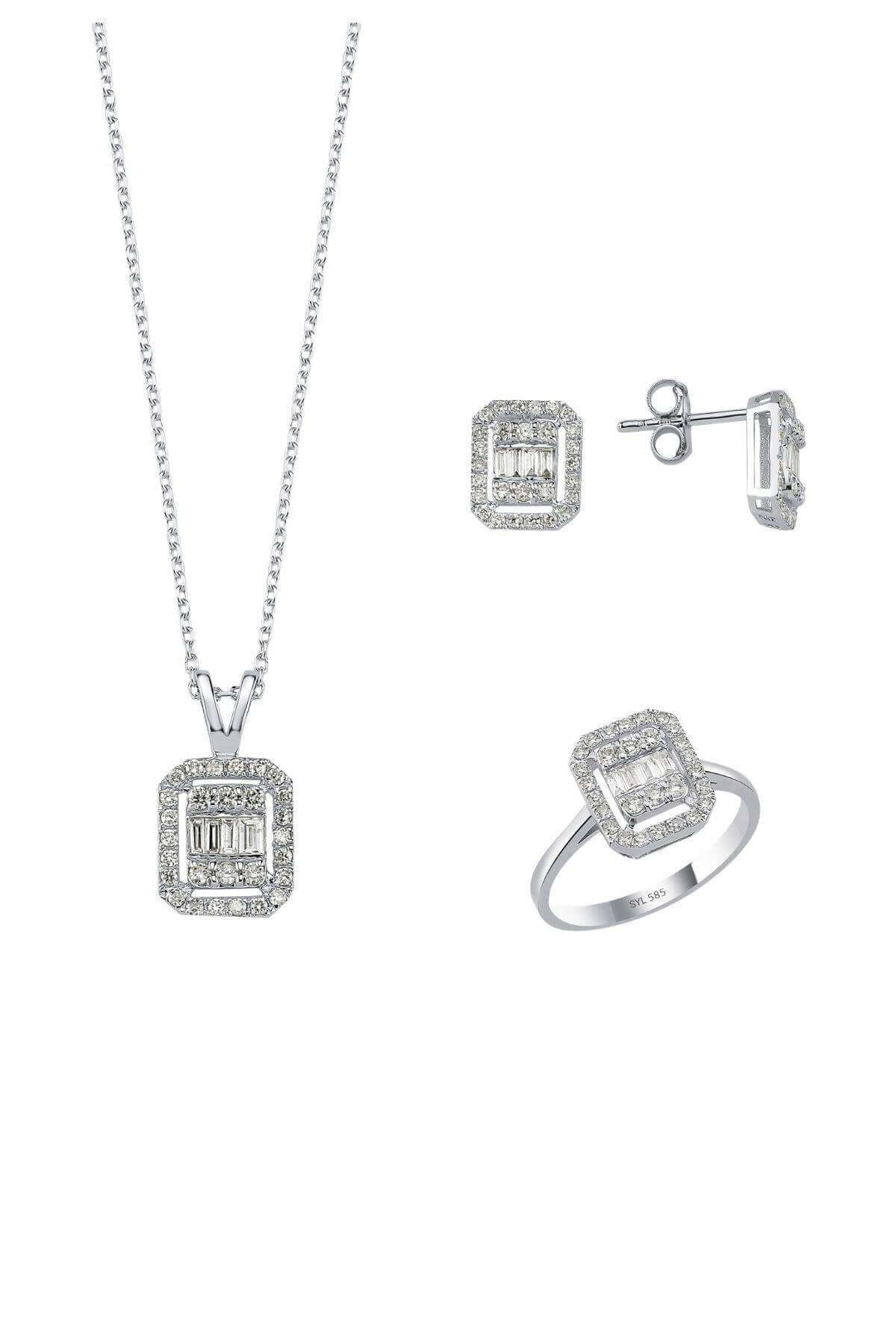 14 Ayar Altın 0,52 Karat Baget Pırlanta Üçlü Set Kolye Yüzük Küpe Üçlü Set