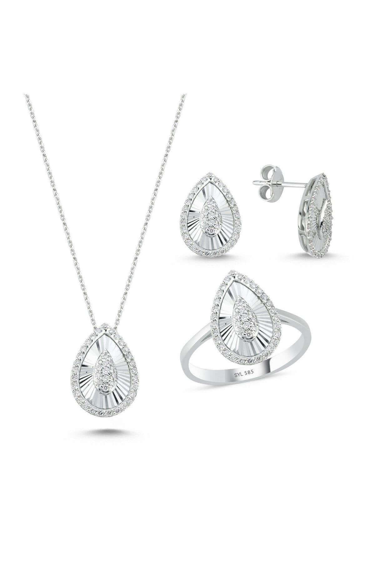 14 Ayar Altın 0,61 Karat Damla Kesim Pırlanta Kolye Yüzük Küpe Üçlü Set