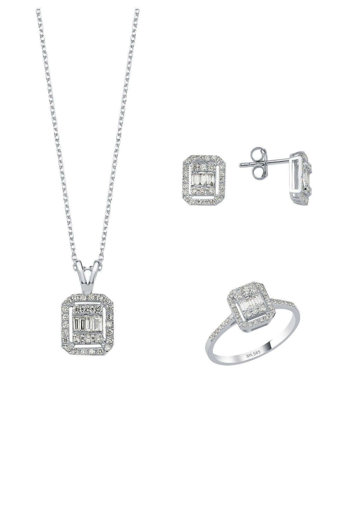 14 Ayar Altın 1,30 Karat Baget Pırlanta Kolye Kolu Taşlı Yüzük Küpe Üçlü Set