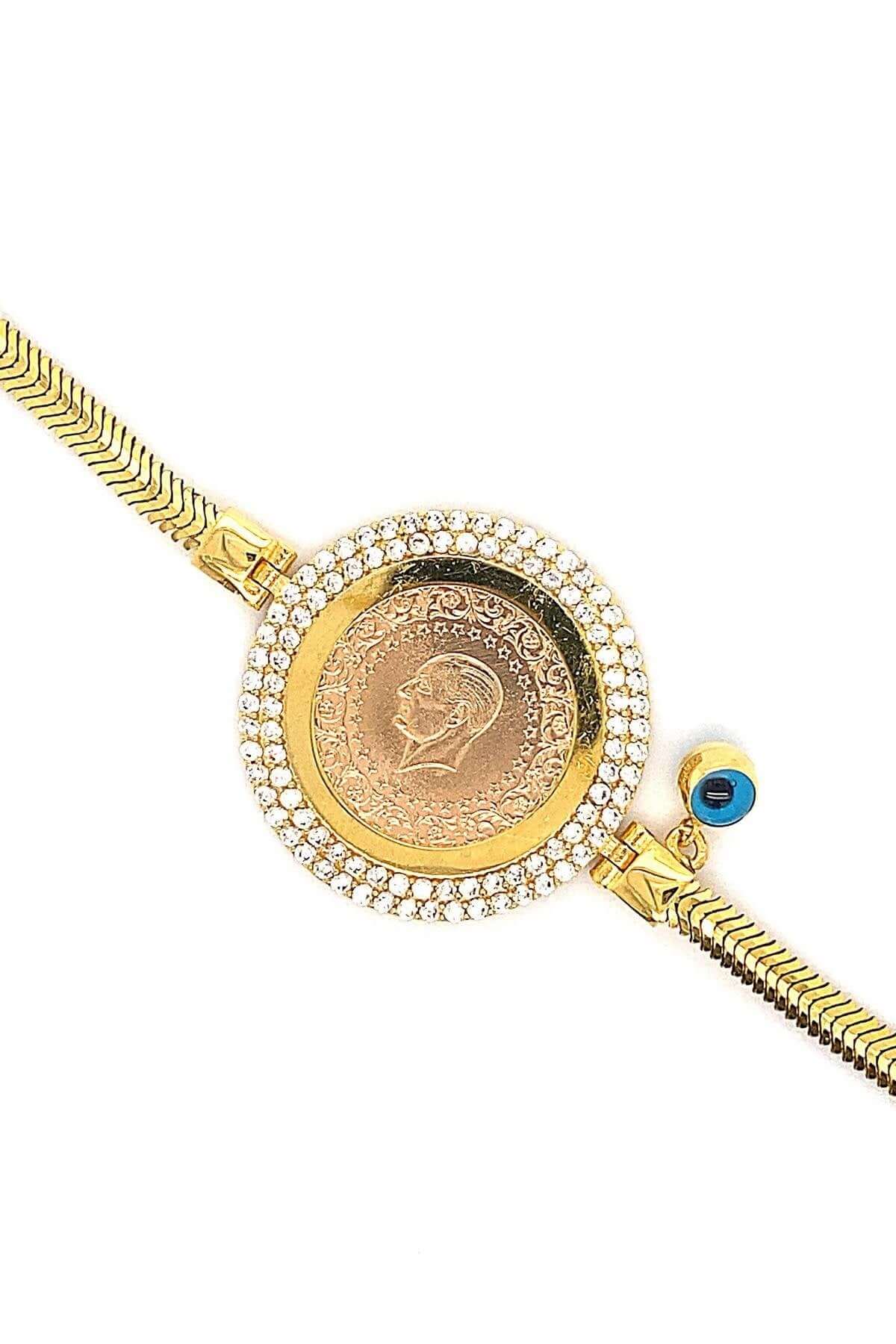 14 Ayar Altın Çift Sıra Taşlı Çerçeveli Çeyrekli Kadın Bileklik