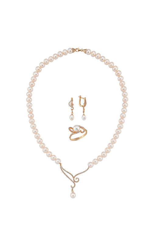 Sonsuz Ezgi Doğal İnci Küpe Kolye Yüzük Üçlü Set