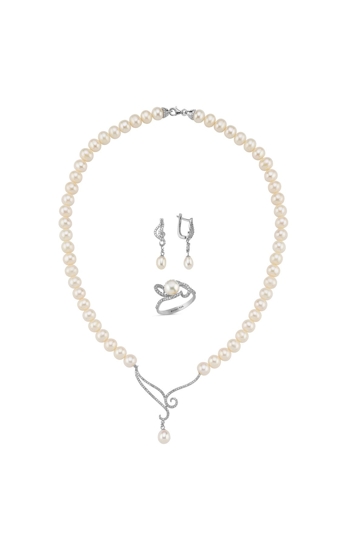 Sonsuz Ezgi Doğal İnci Küpe Kolye Yüzük Üçlü Set