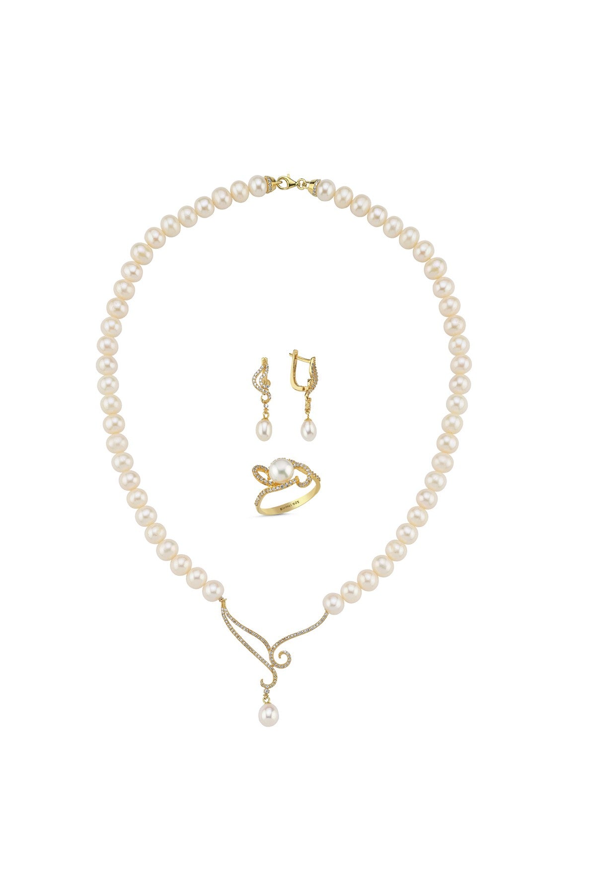 Sonsuz Ezgi Doğal İnci Küpe Kolye Yüzük Üçlü Set