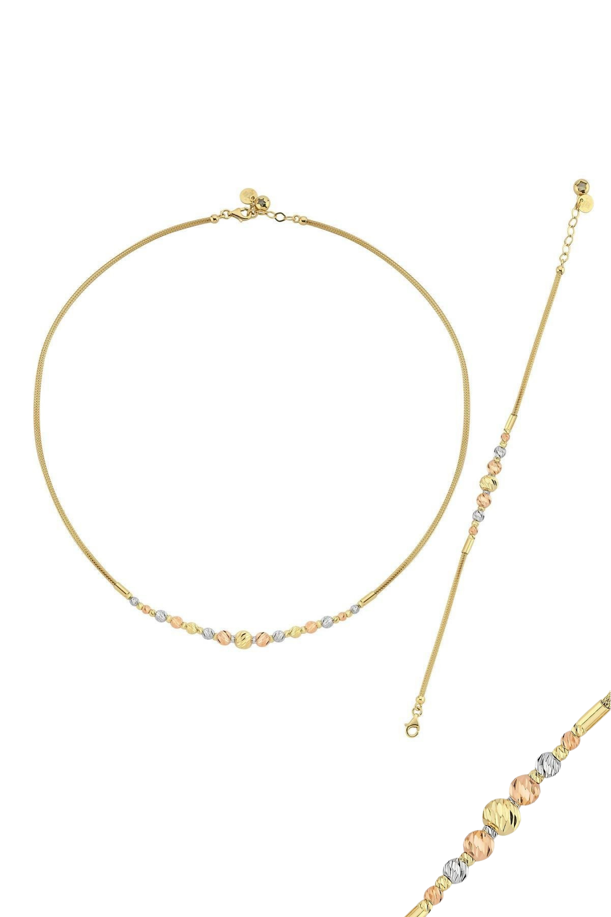 14 Ayar Altın 3 Renk Dorika Toplu Halat Kolye Bileklik İkili Set