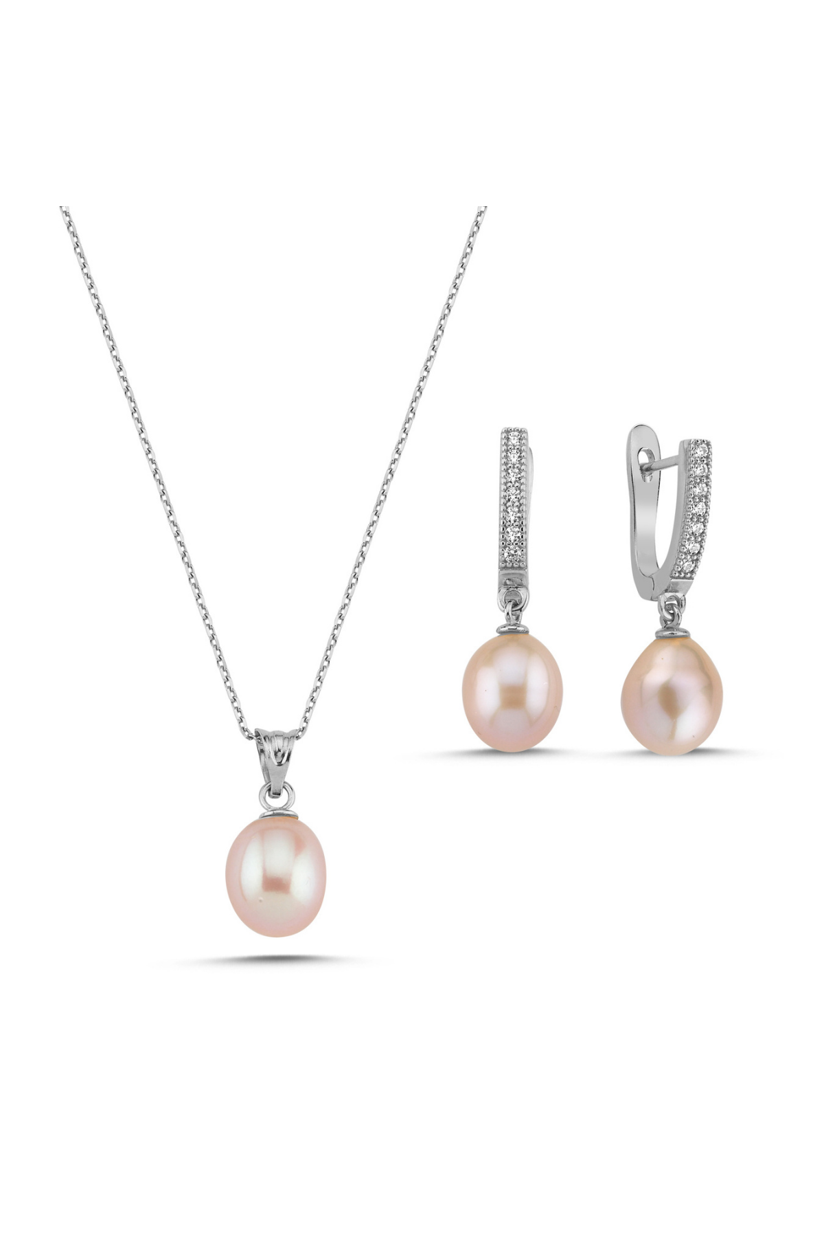 Pembe Damla Doğal İnci Kolye Küpe İkili Set