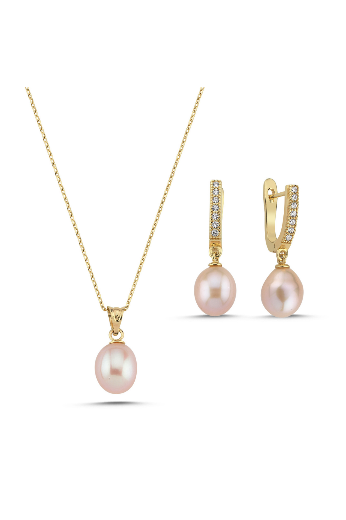 Pembe Damla Doğal İnci Kolye Küpe İkili Set