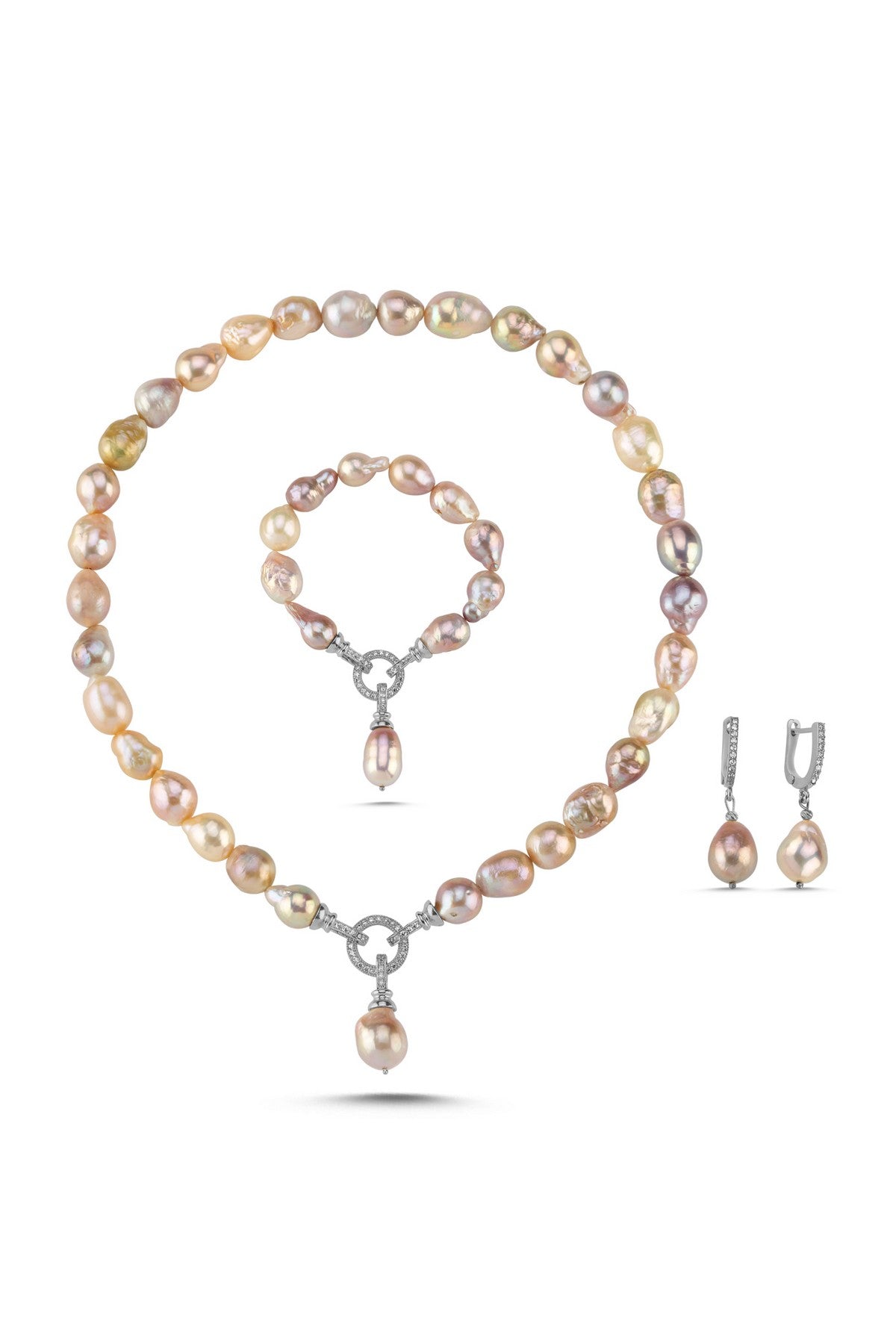 Halka Kilitli Multicolor Doğal Barok İnci Küpe Kolye Bileklik Üçlü Set