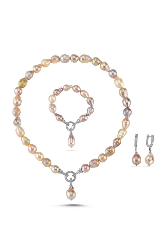 Halka Kilitli Multicolor Doğal Barok İnci Küpe Kolye Bileklik Üçlü Set