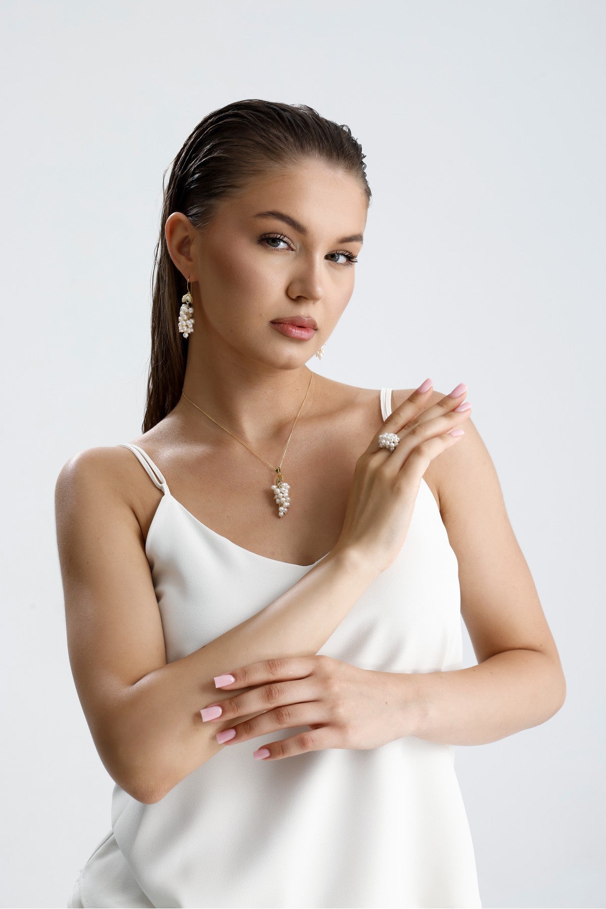 Üzüm Salkımı Doğal İnci Küpe Kolye Yüzük Üçlü Set