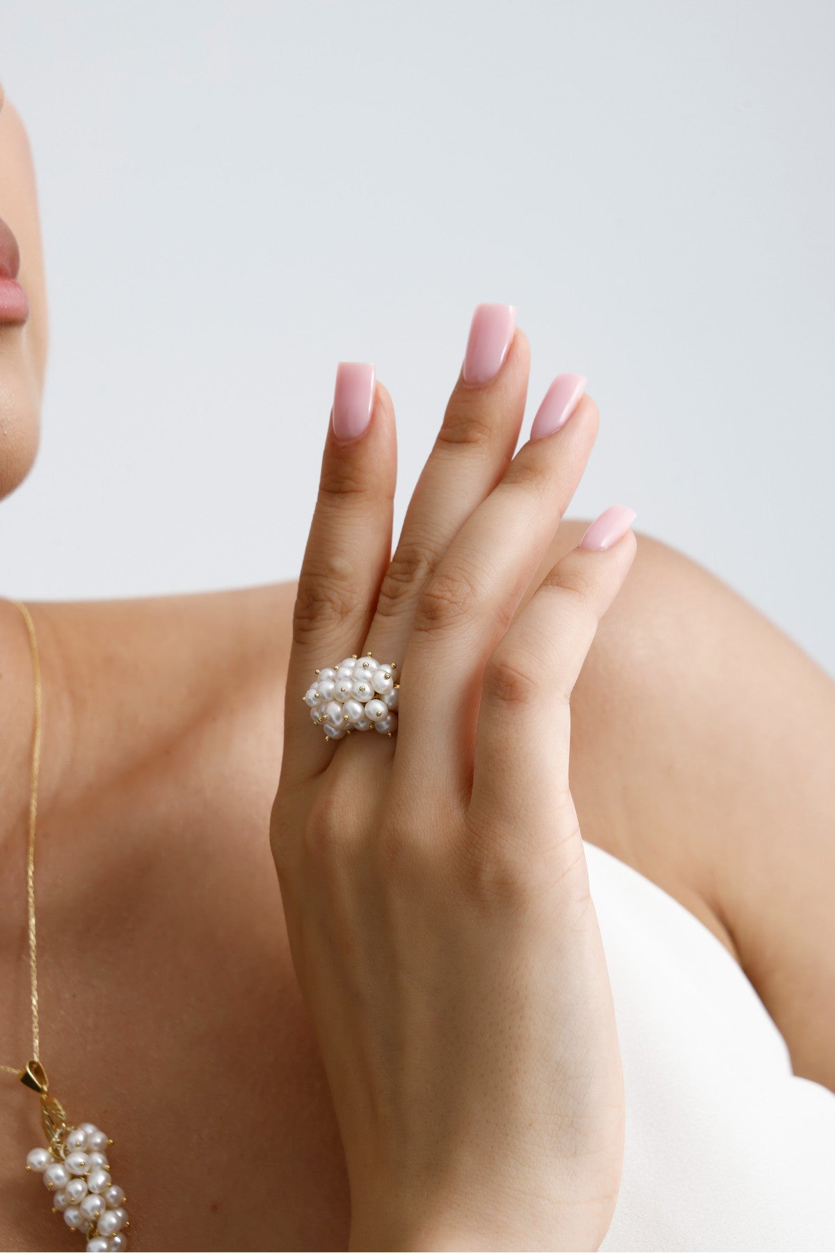 Üzüm Salkımı Doğal İnci Küpe Kolye Yüzük Üçlü Set