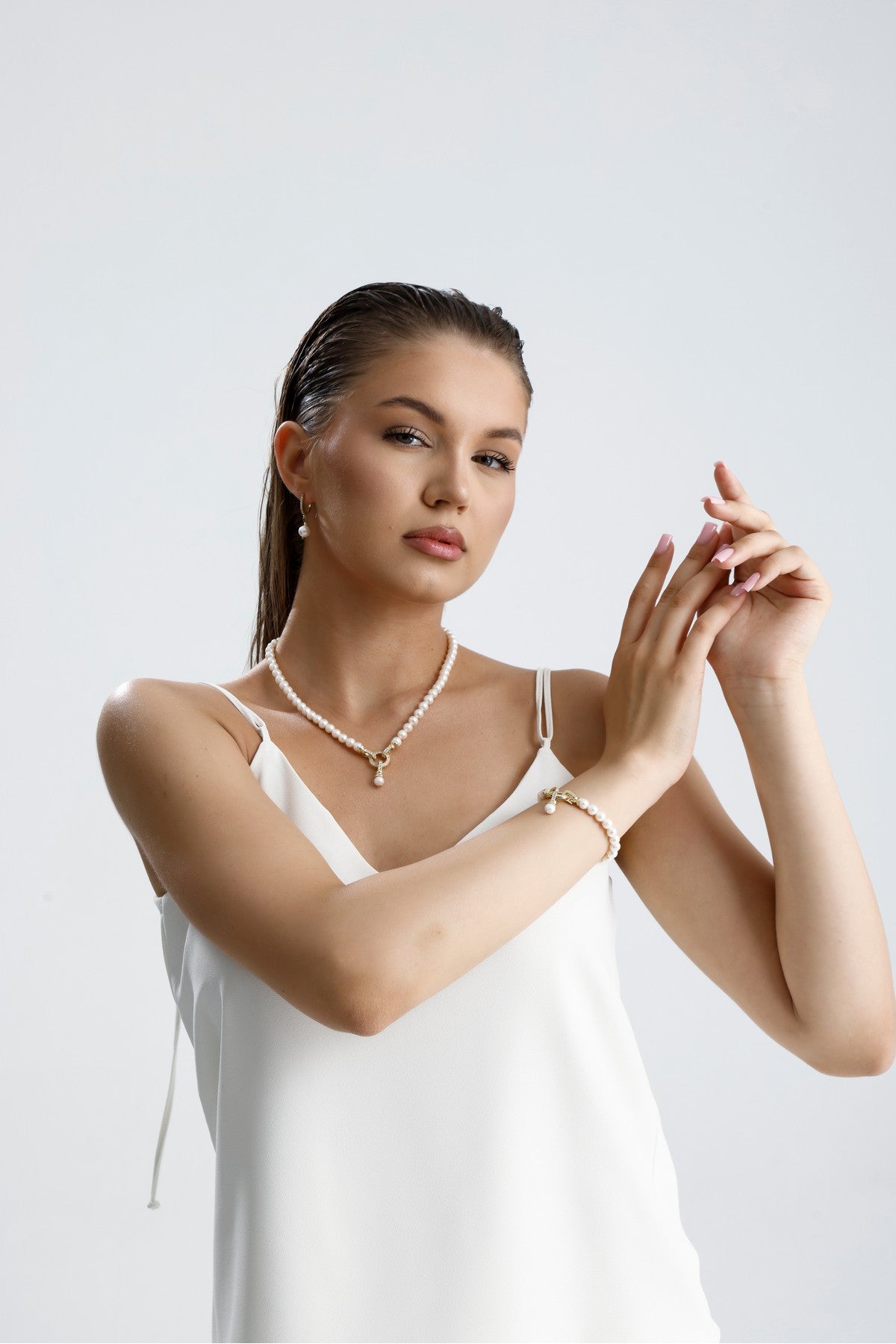 Halka Kilitli Doğal İnci Küpe Kolye Bileklik Üçlü Set