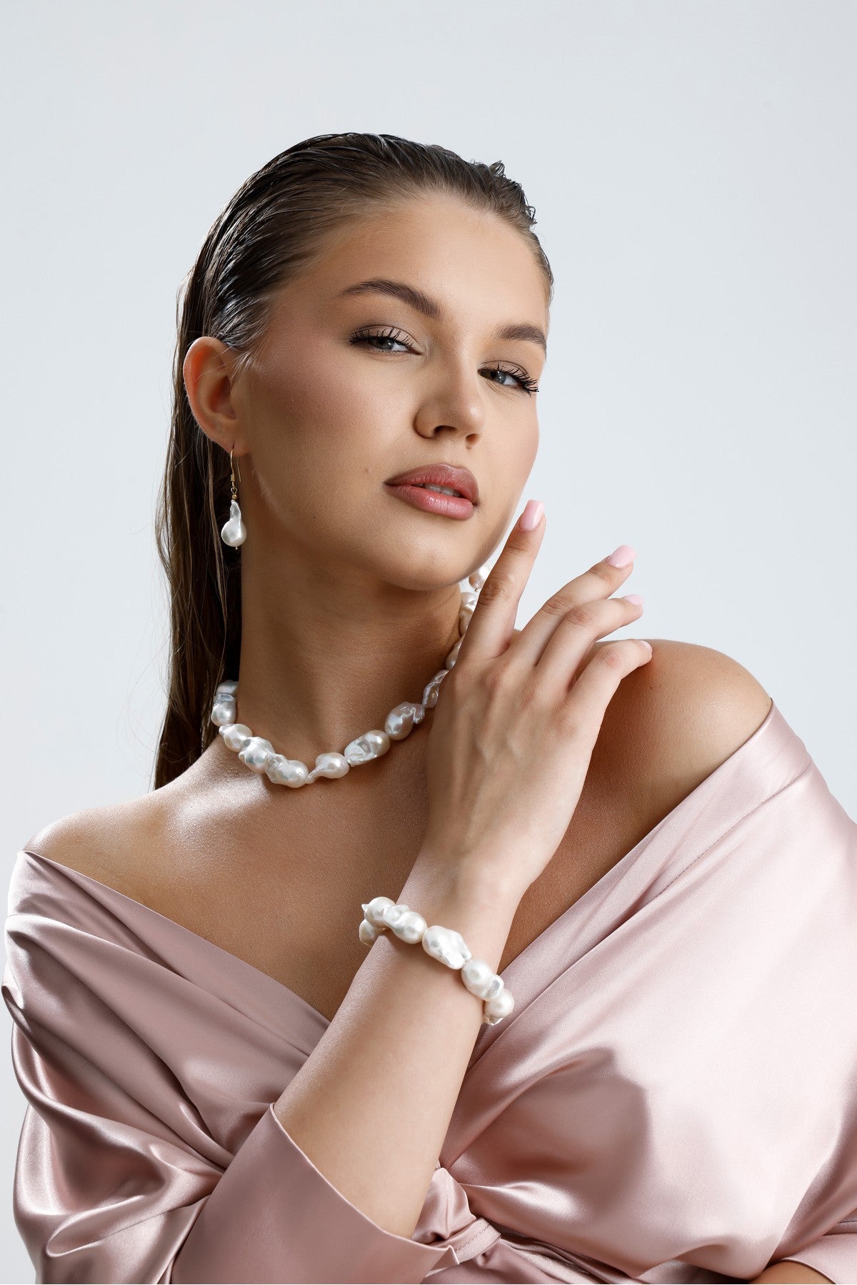 Barok İnci Kolye Bileklik Küpe Üçlü Set