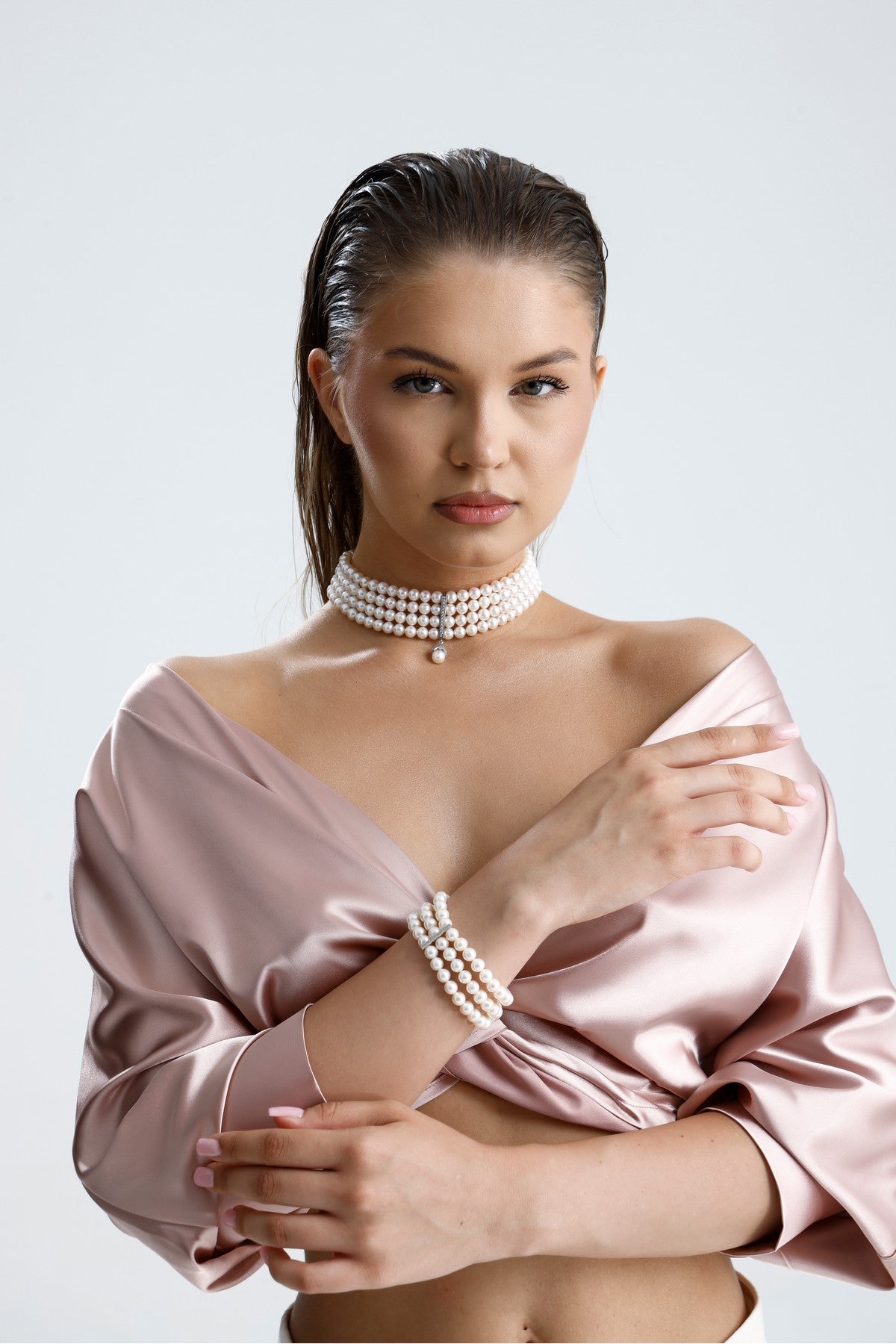 Choker Zirkon Taşlı Doğal İnci Kolye Bileklik İkili Set