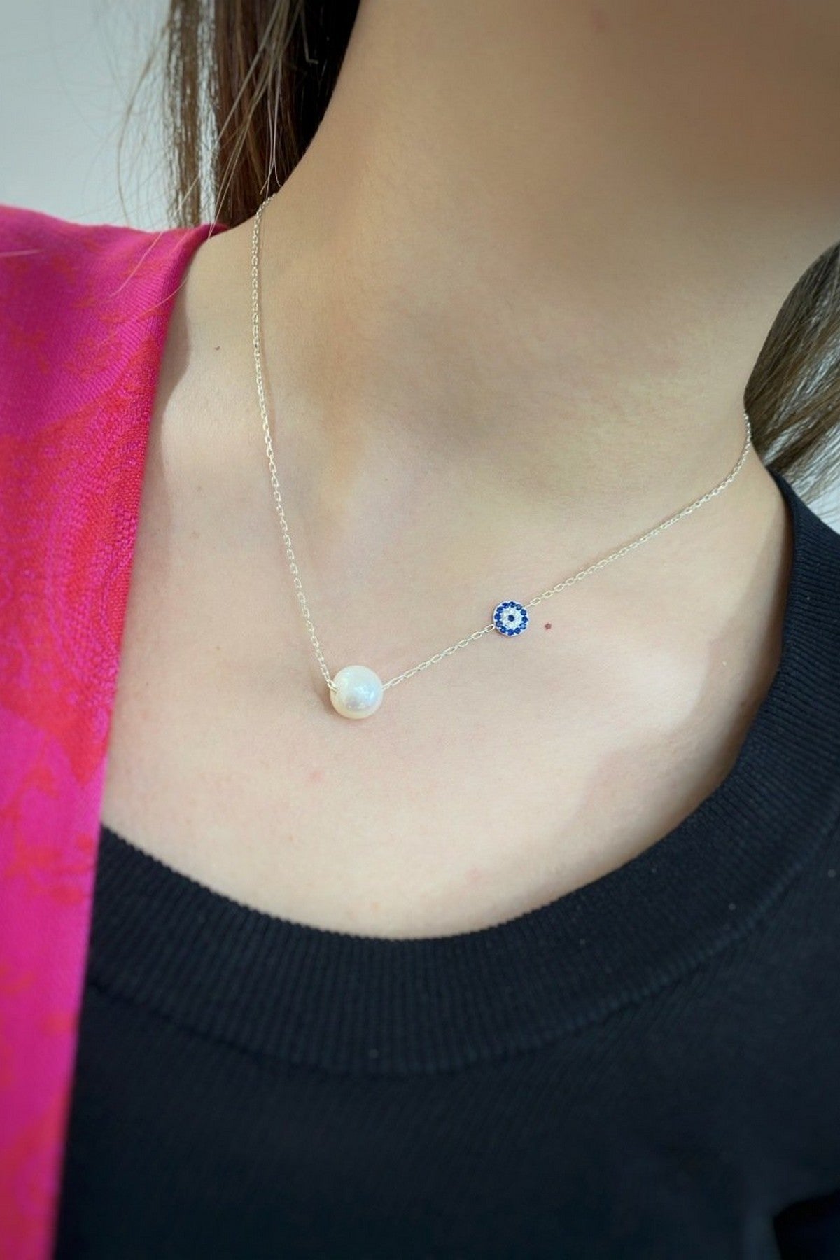 Nazar Boncuklu Doğal İnci Kadın Kolye