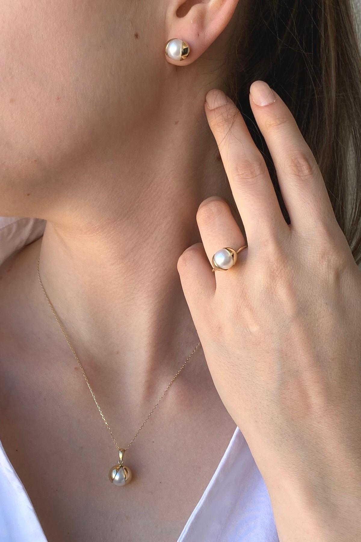 Doğal İnci Küpe Kolye Yüzük Üçlü Set