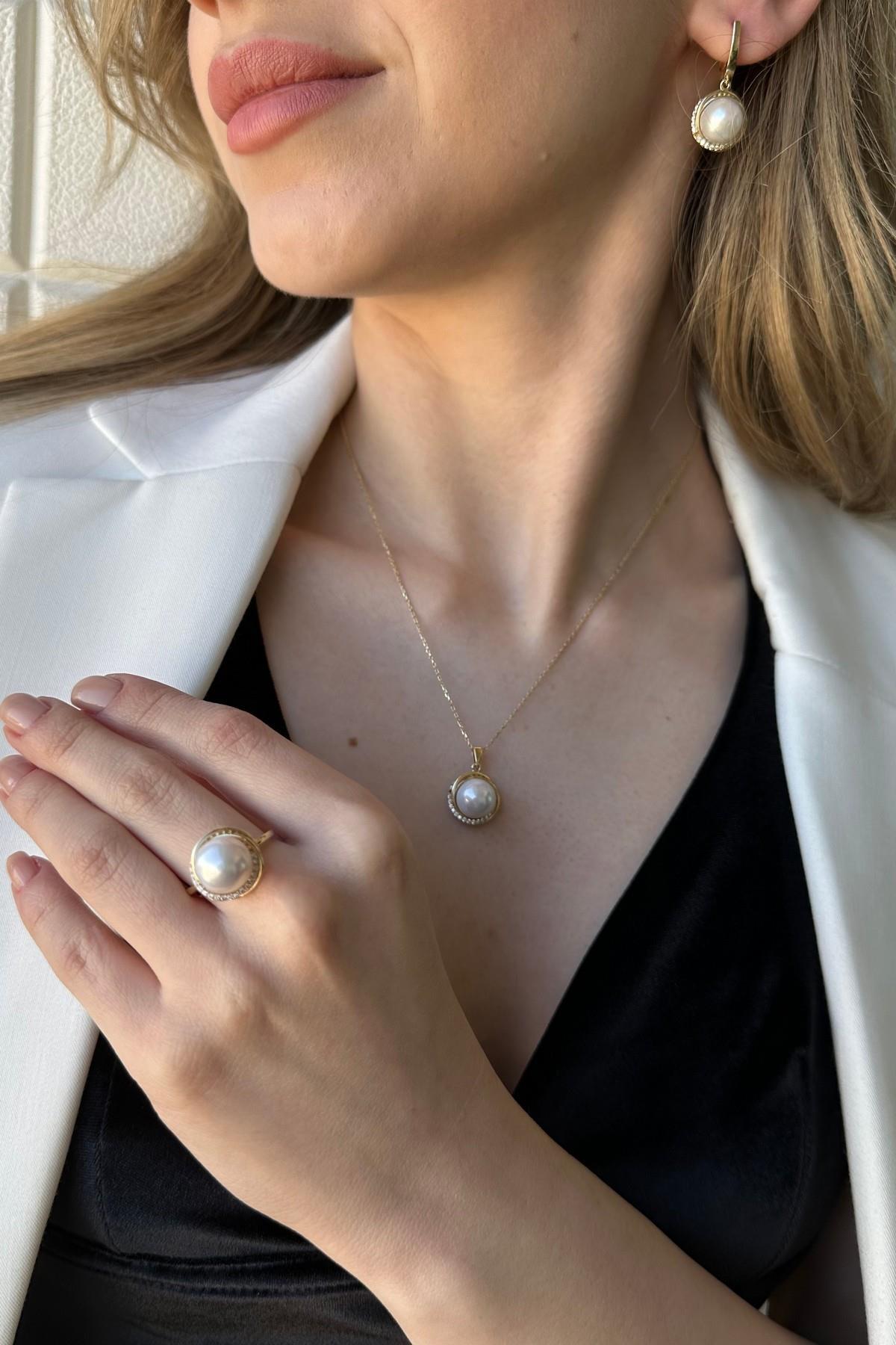 Doğal İnci Küpe Kolye Yüzük Üçlü Set