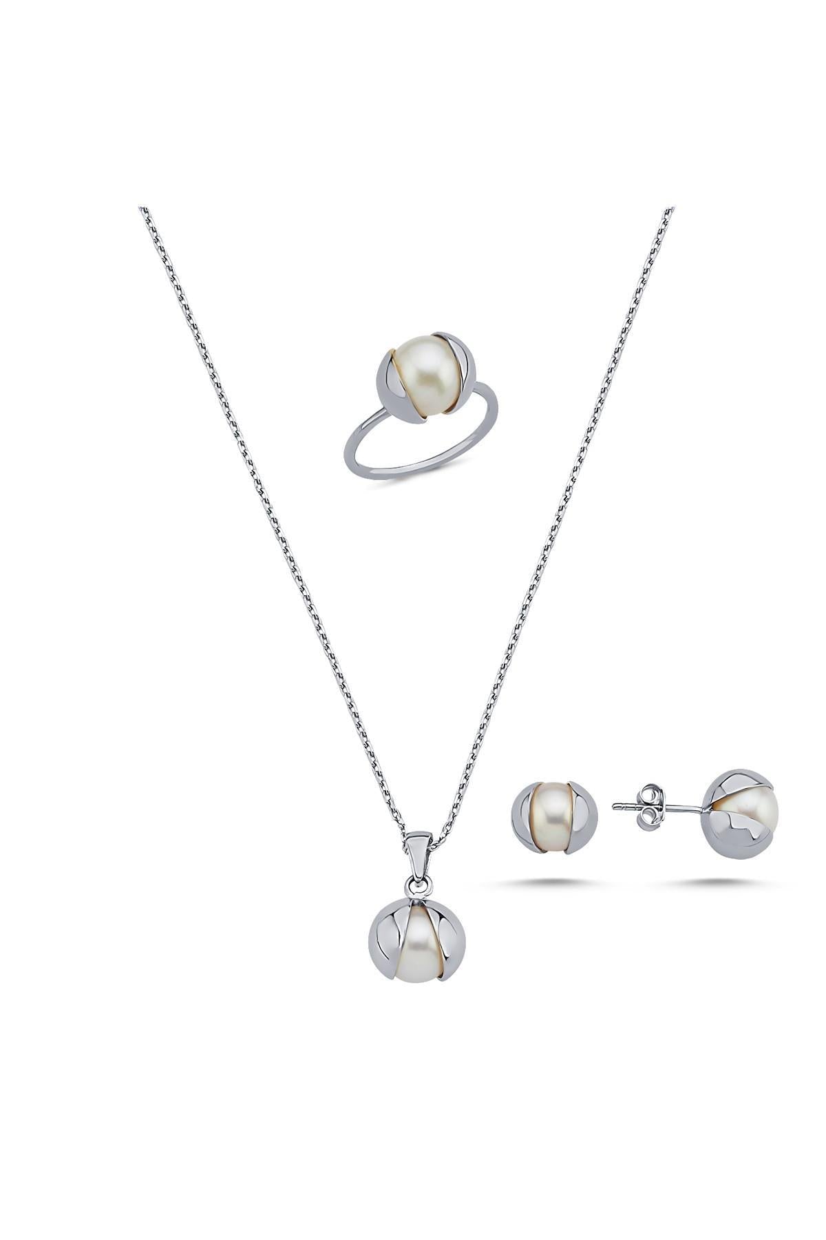 Doğal İnci Küpe Kolye Yüzük Üçlü Set