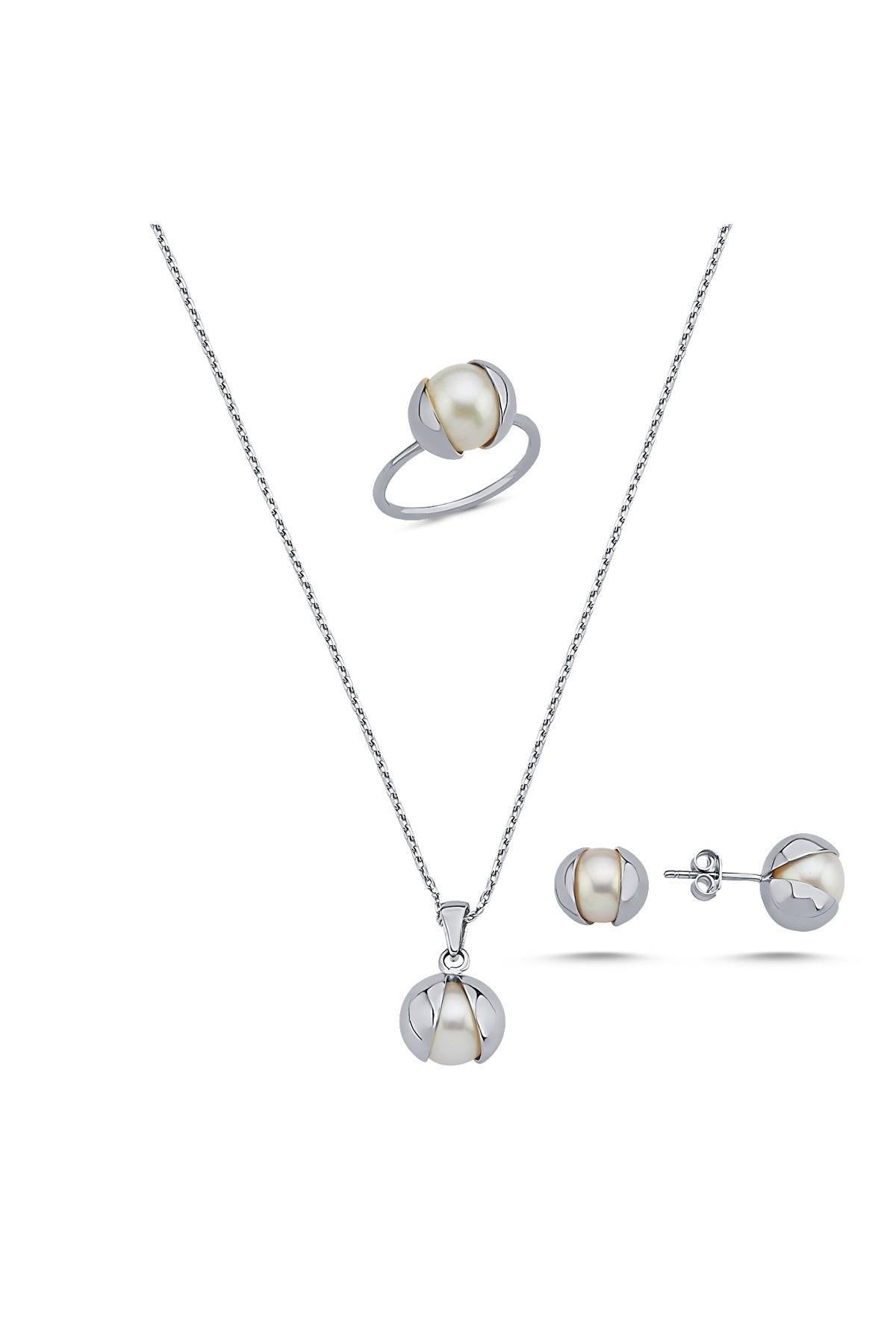 Doğal İnci Küpe Kolye Yüzük Üçlü Set