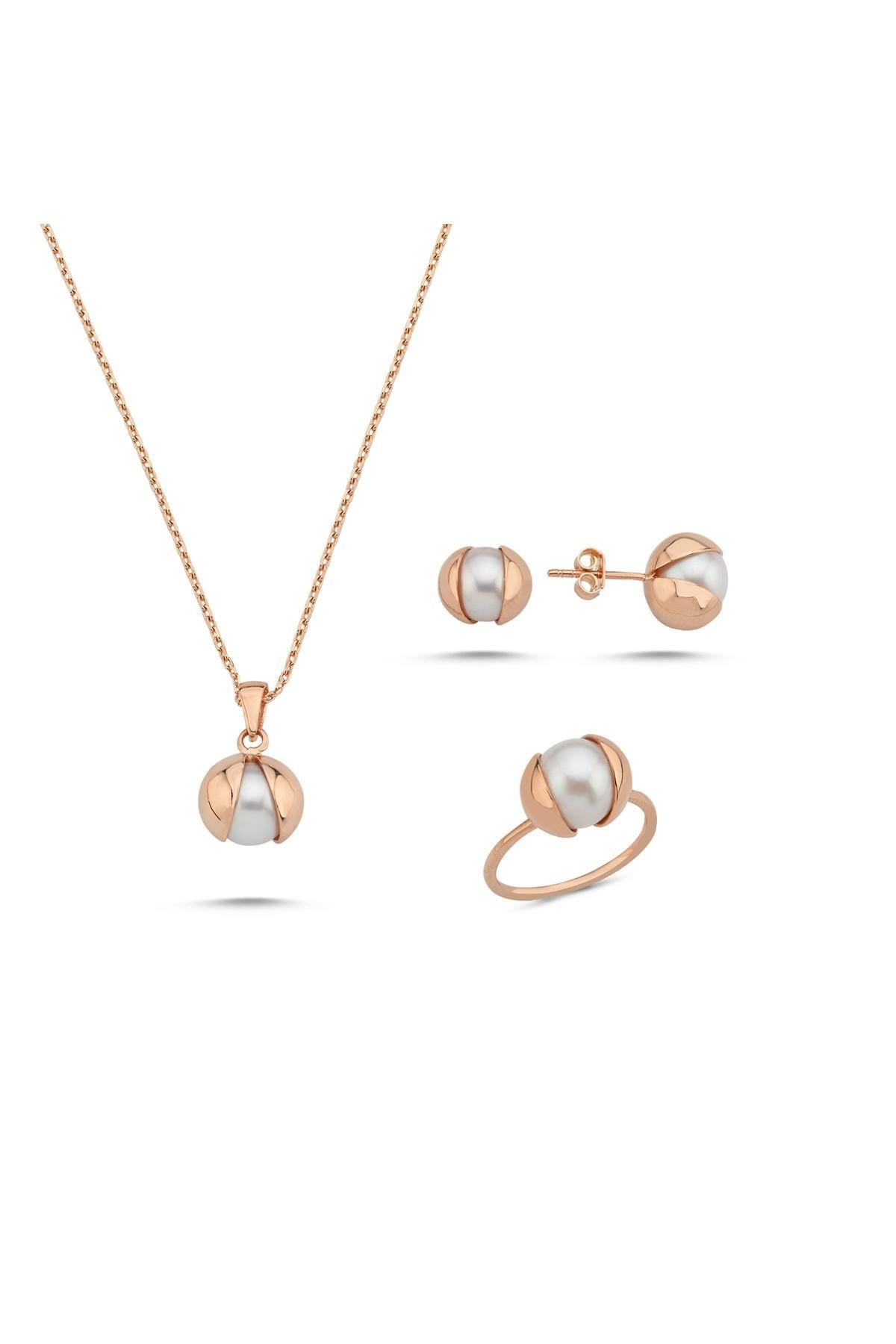 Doğal İnci Küpe Kolye Yüzük Üçlü Set