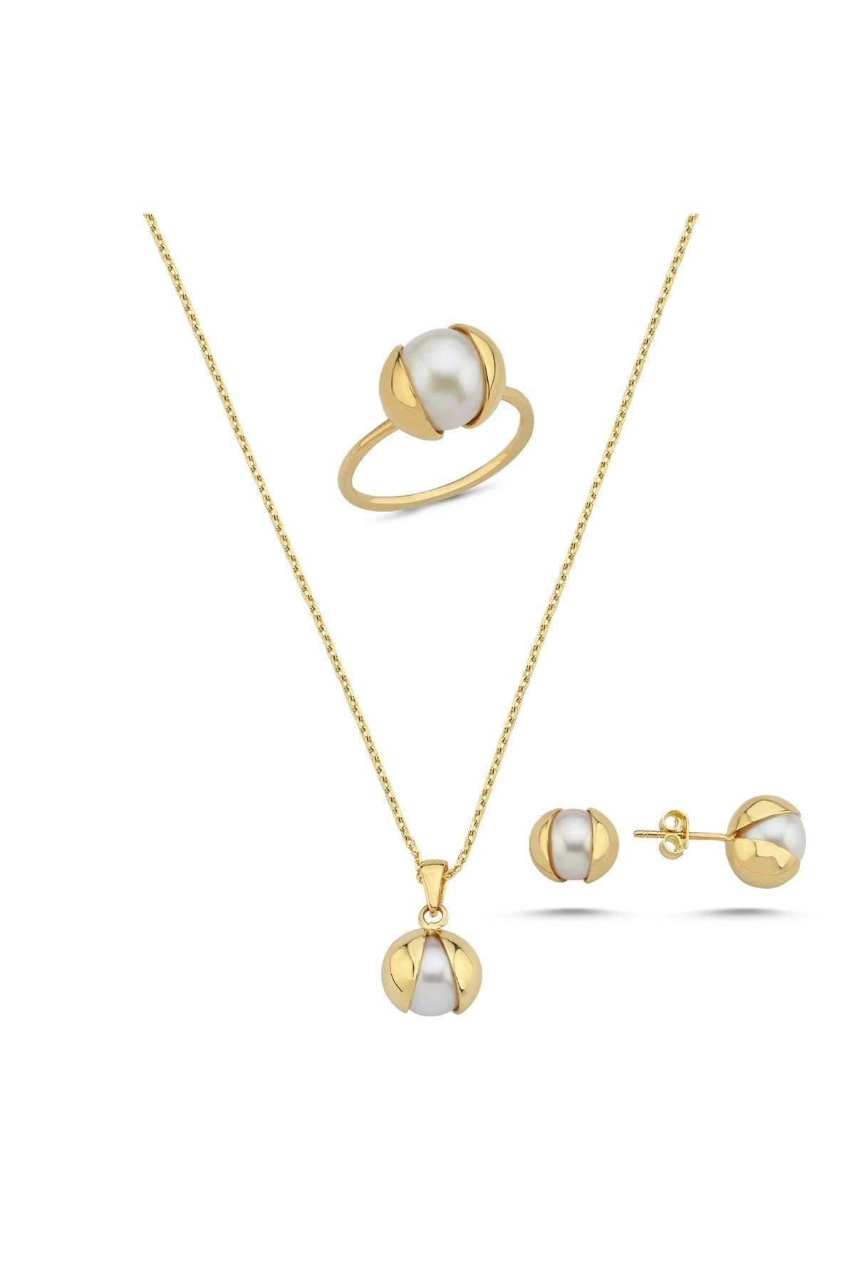 Doğal İnci Küpe Kolye Yüzük Üçlü Set