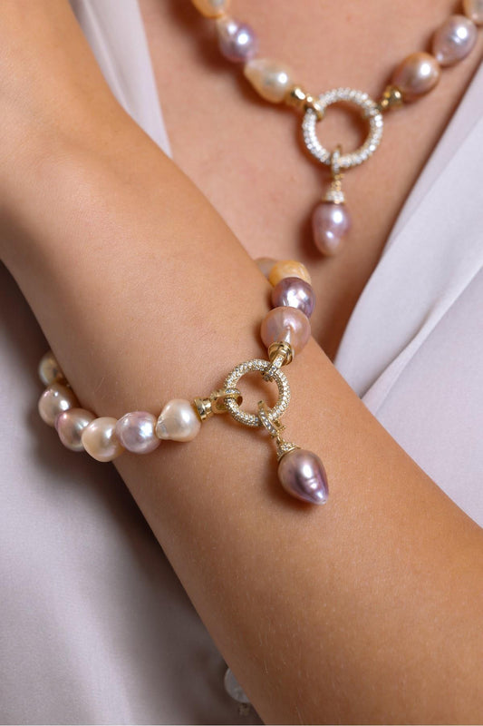 Halka Kilitli Multicolor Barok Doğal İnci Kolye Bileklik İkili Set