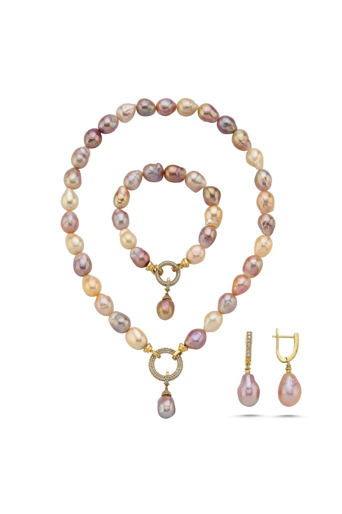Halka Kilitli Multicolor Barok Doğal İnci Küpe Kolye Bileklik Üçlü Set