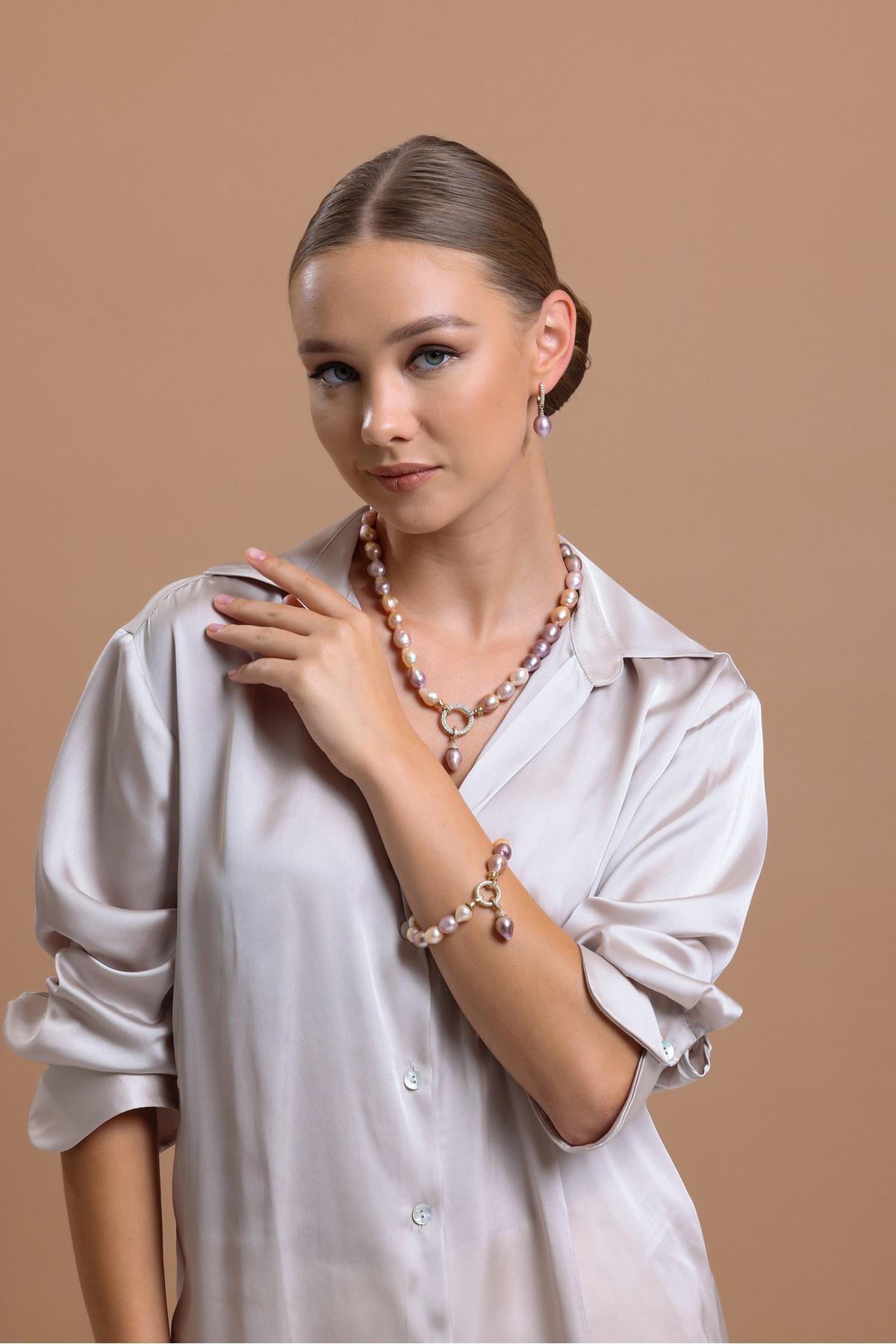 Halka Kilitli Multicolor Barok Doğal İnci Küpe Kolye Bileklik Üçlü Set