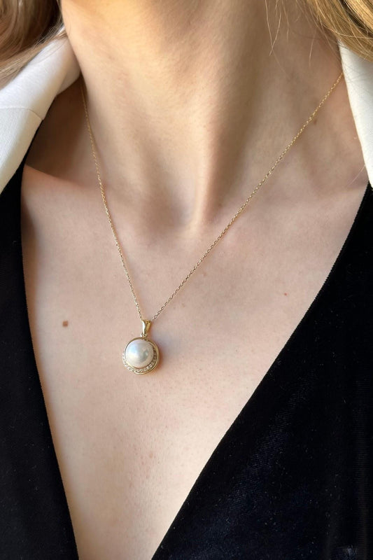 Zirkon Taşlı Doğal İnci Kolye