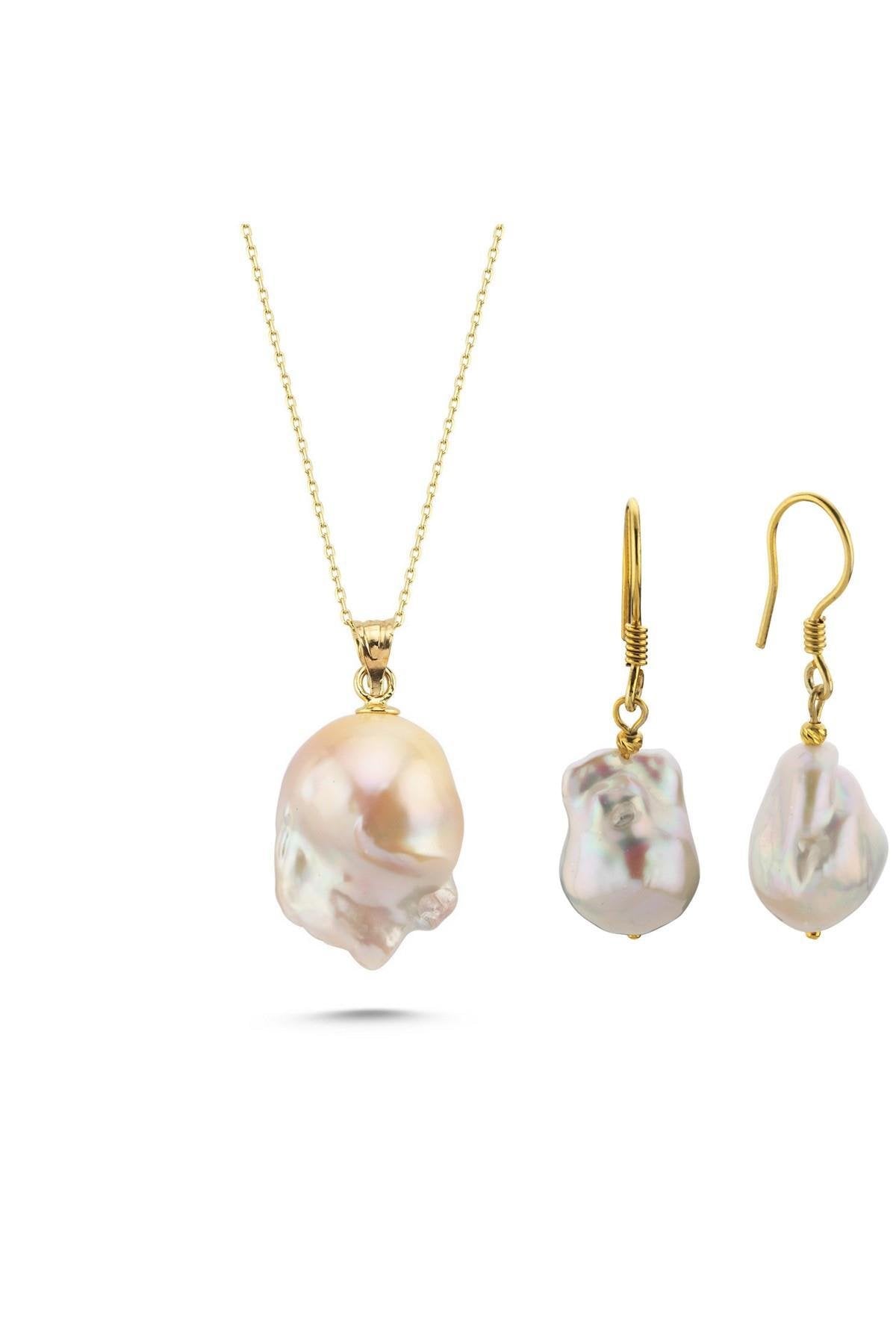 Barok Doğal İnci Küpe Kolye İkili Set